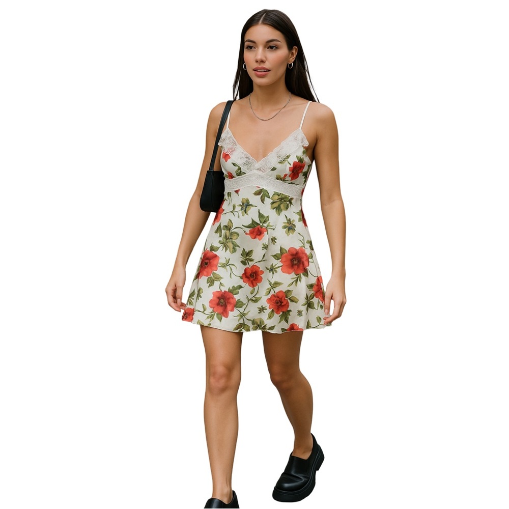 Lilly Lou Floral Lace Trim Ruffle Slip Dress SZ S Y2K 2000’s Satin Lace Back